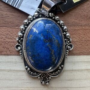 VTG Artisan Pendant 1.75 Inch Blue Lapis Lazuli Ornate 925 Sterling 10.4g NOS